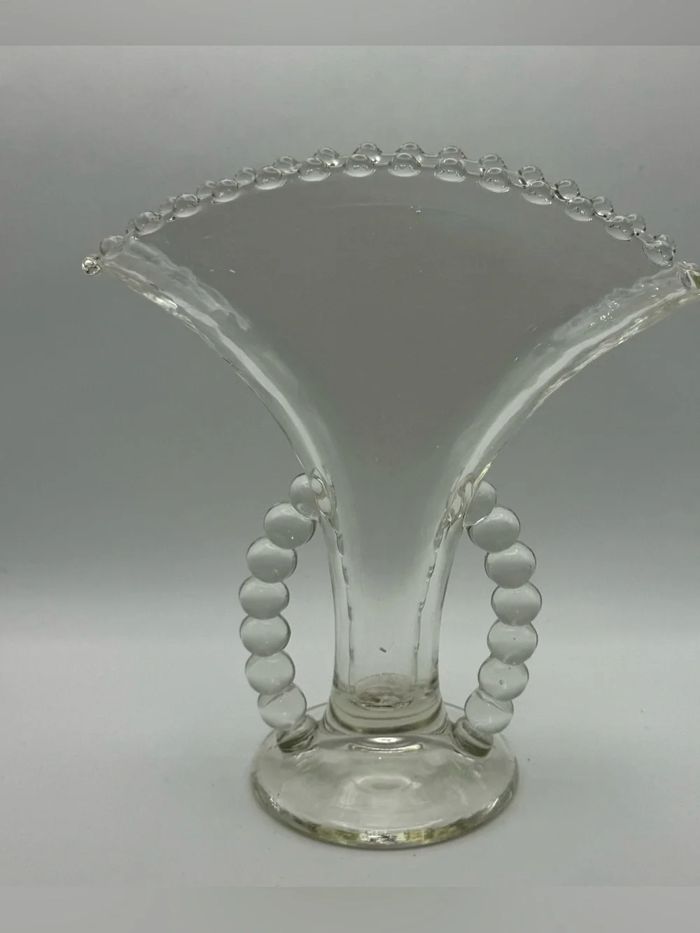 Vintage Imperial Glass Candlewick Clear Fan Vase Beaded Handles